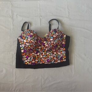 Vibrant Jewel-Embellished Black Crop Top